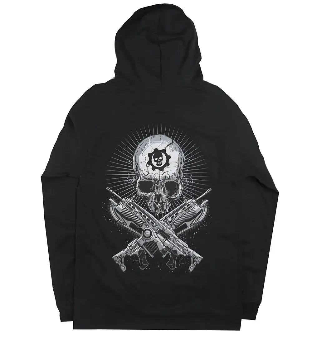 gears of war shirt Gears of War Skull & Gun-Bones Black Hoodie Long Sleeve Shirt – Hat Trick Fan Gear