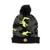 Capital Gains Streetwear Fuzzy Pom Neon Yellow Camo Beanie Knit Winter Hat