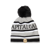 Capital Gains Streetwear Fuzzy Pom Gray & Black Striped Beanie Knit Winter Hat