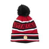 Capital Gains Streetwear Fuzzy Pom Red & Black Striped Beanie Knit Winter Hat