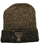 Knitted beanie with a logo on a white background