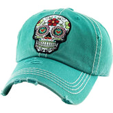 Day of the Dead Floral Sugar Skull Vintage Turquoise Adjustable Women's Baseball Hat