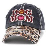 Dog Mom Vintage Leopard Print Distressed Bill Adjustable Black Women's Baseball Hat by KB Ethos