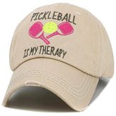 "Pickleball Is My Therapy" Vintage Adjustable Stone Beige Distressed Hat by KB Ethos