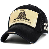Don't Tread on Me 1776 Gadsden Flag Patched USA Distressed Black Dad Hat