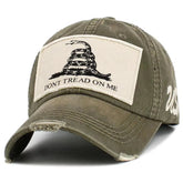 Don't Tread on Me 1776 Gadsden Flag Patched USA Distressed OD Green Dad Hat