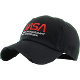 NASA Worm Insignia Distressed Adjustable Black Cotton Dad Hat