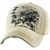 Native American Indian Chief Skull Vintage Distressed Beige Khaki Cap Dad Hat