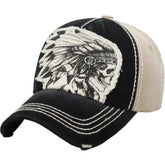 Native American Indian Chief Skull Vintage Distressed Black & Khaki Hat