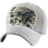 Native American Indian Chief Skull Vintage Distressed Gray Cap Dad Hat