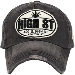 420 High Street Marijuana Pot Weed THC Distressed Dark Gray Cap Dad Hat