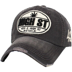 420 High Street Marijuana Pot Weed THC Distressed Dark Gray Cap Dad Hat