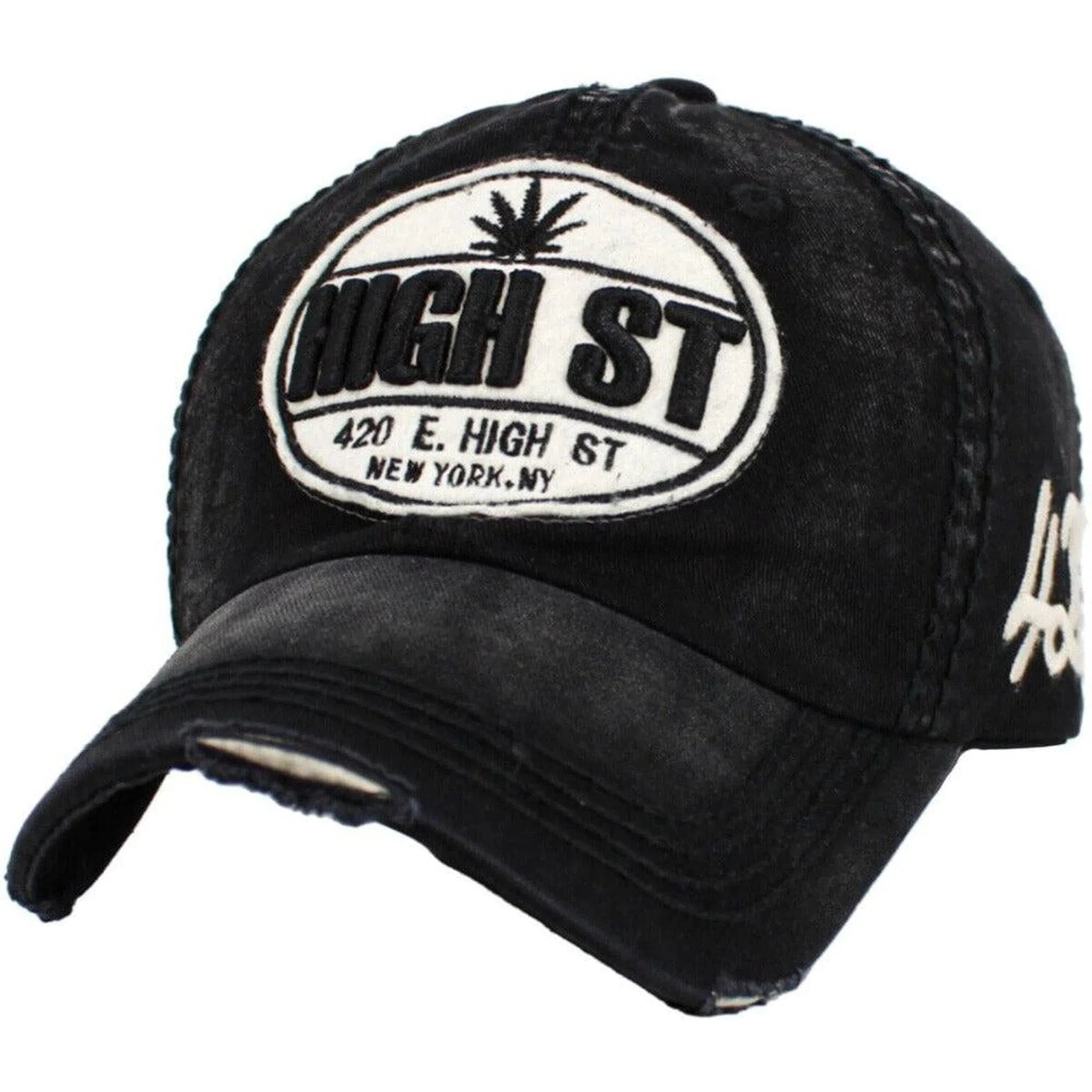 420 High Street Marijuana Pot Weed THC Distressed Solid Black Cap Dad Hat