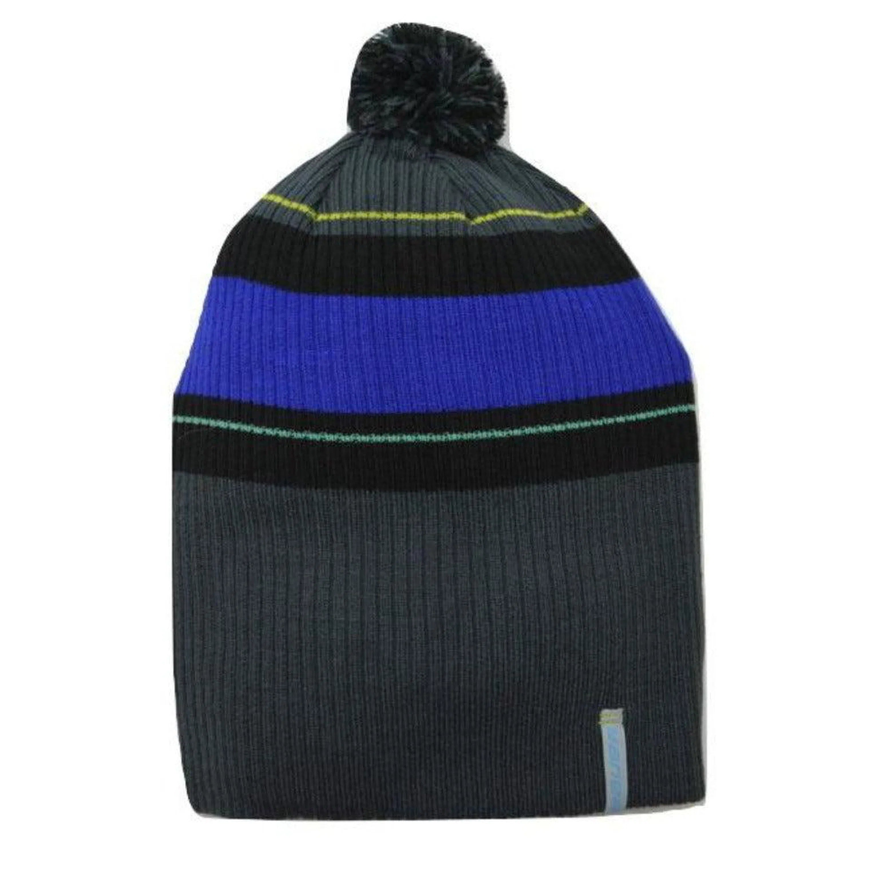 Bauer Striped Gray & Blue Knit Pom Pom Beanie Winter Hat