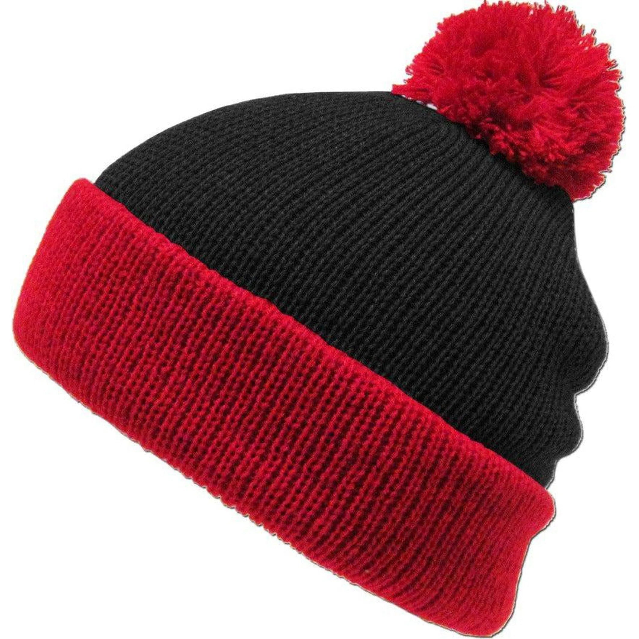 Black & Red 2 Tone Wide Cuff Knit Pom Style Beanie Winter Hat