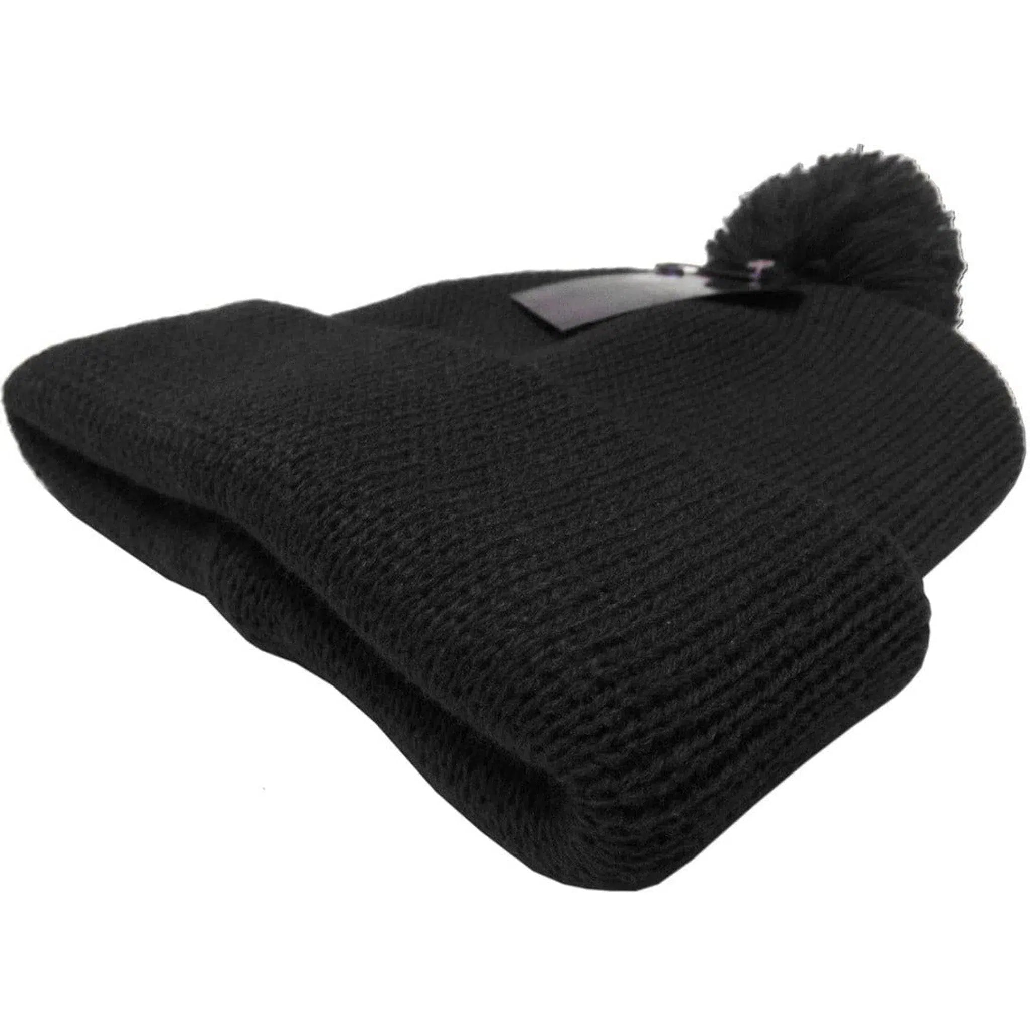 Black Solid Wide Cuff Knit Pom Style Beanie Winter Hat