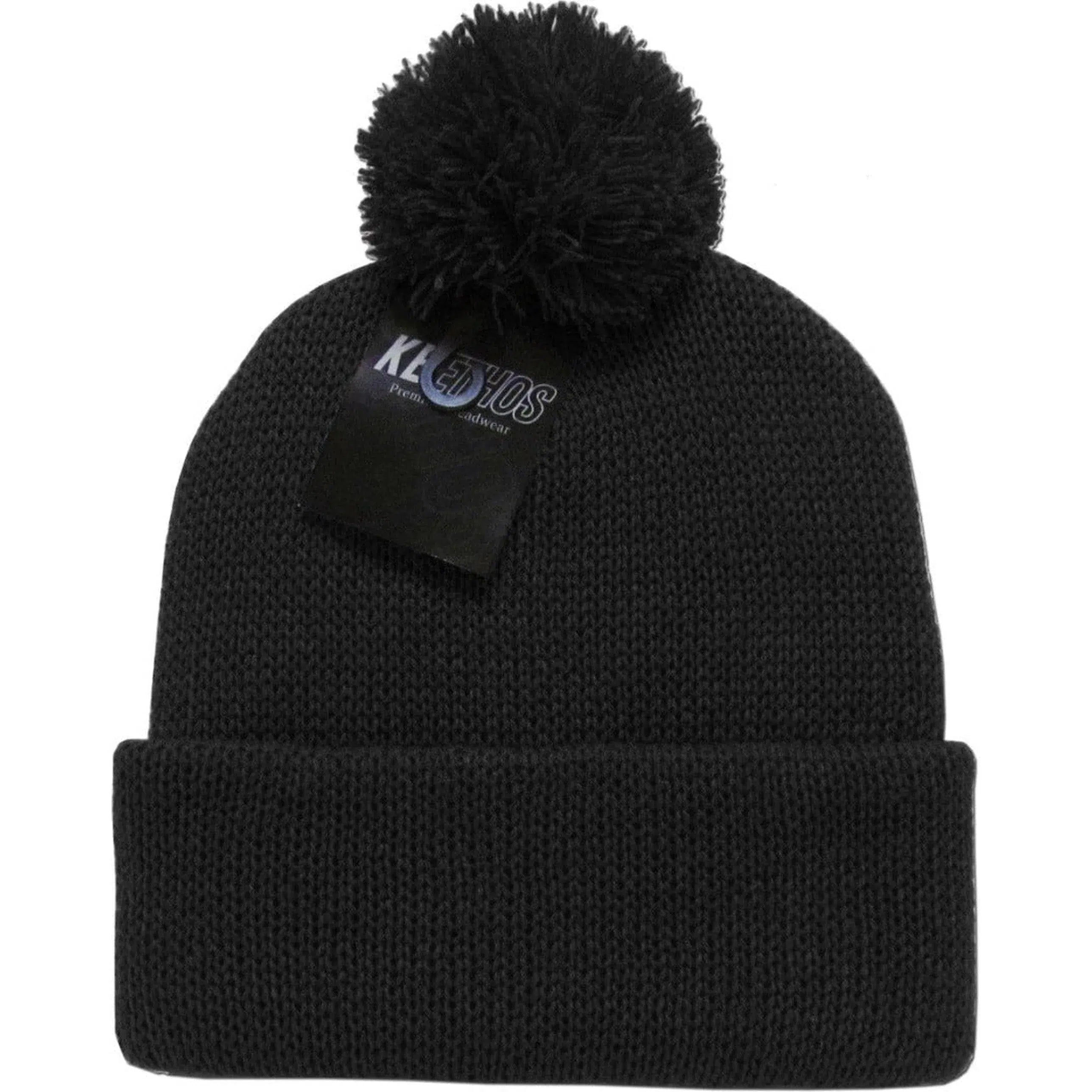 Black Solid Wide Cuff Knit Pom Style Beanie Winter Hat