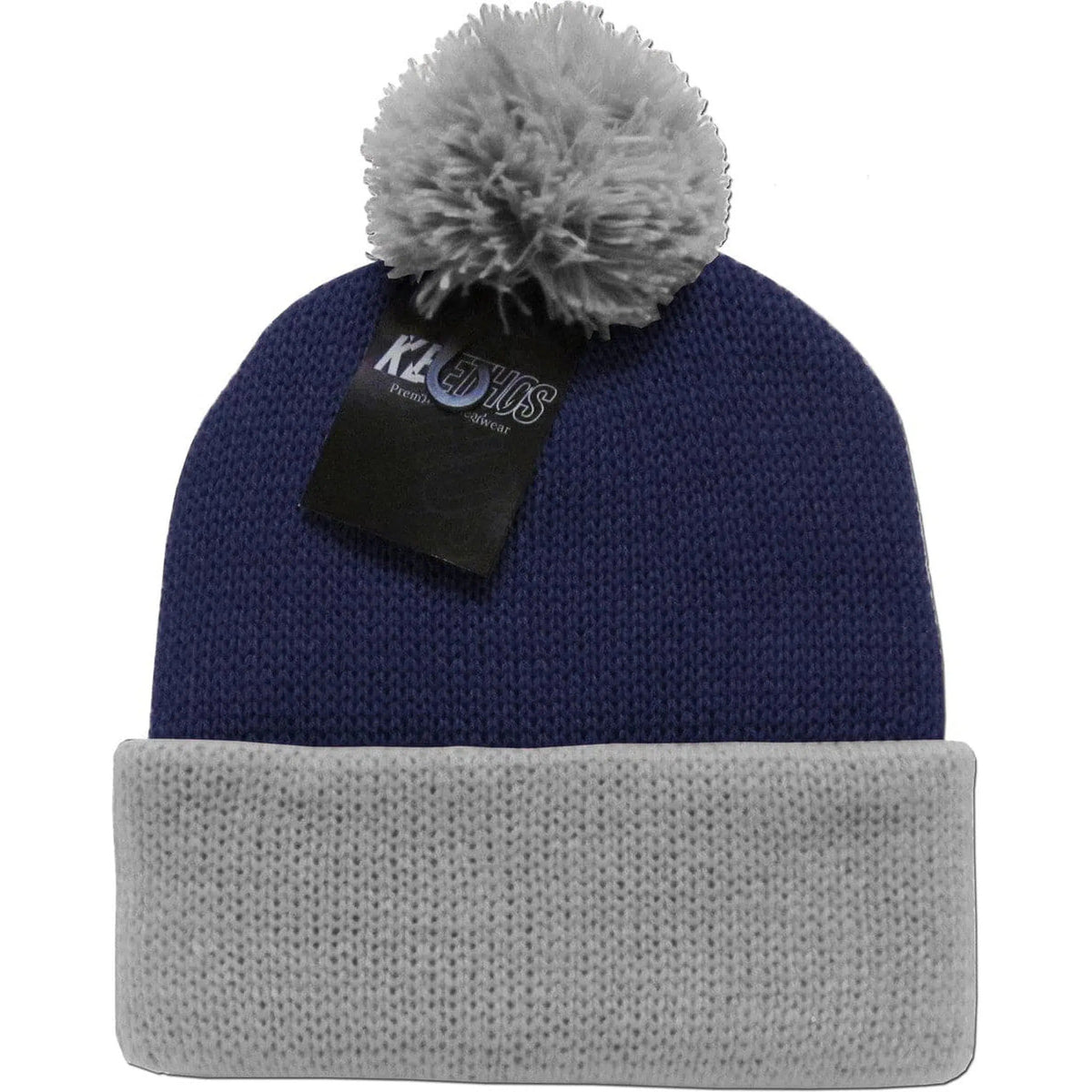 Blue & Gray 2 Tone Wide Cuff Knit Pom Style Beanie Winter Hat by KB ETHOS