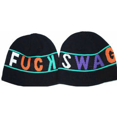 Blvck Scvle FU&% SWAG Black Knit Beanie Winter Hat