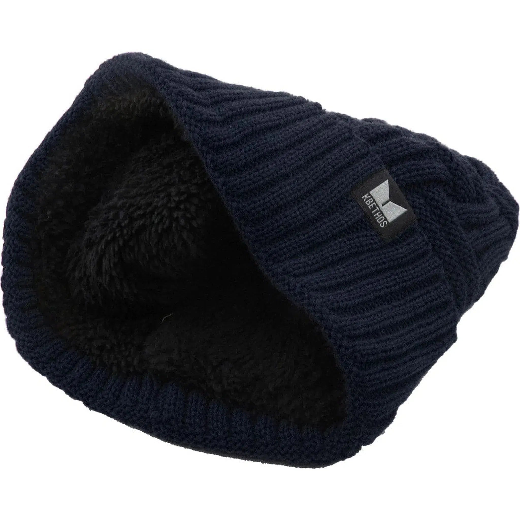 Cable Knit Basket Weave Sherpa Fleece Fur Lined Blue Winter Beanie Hat