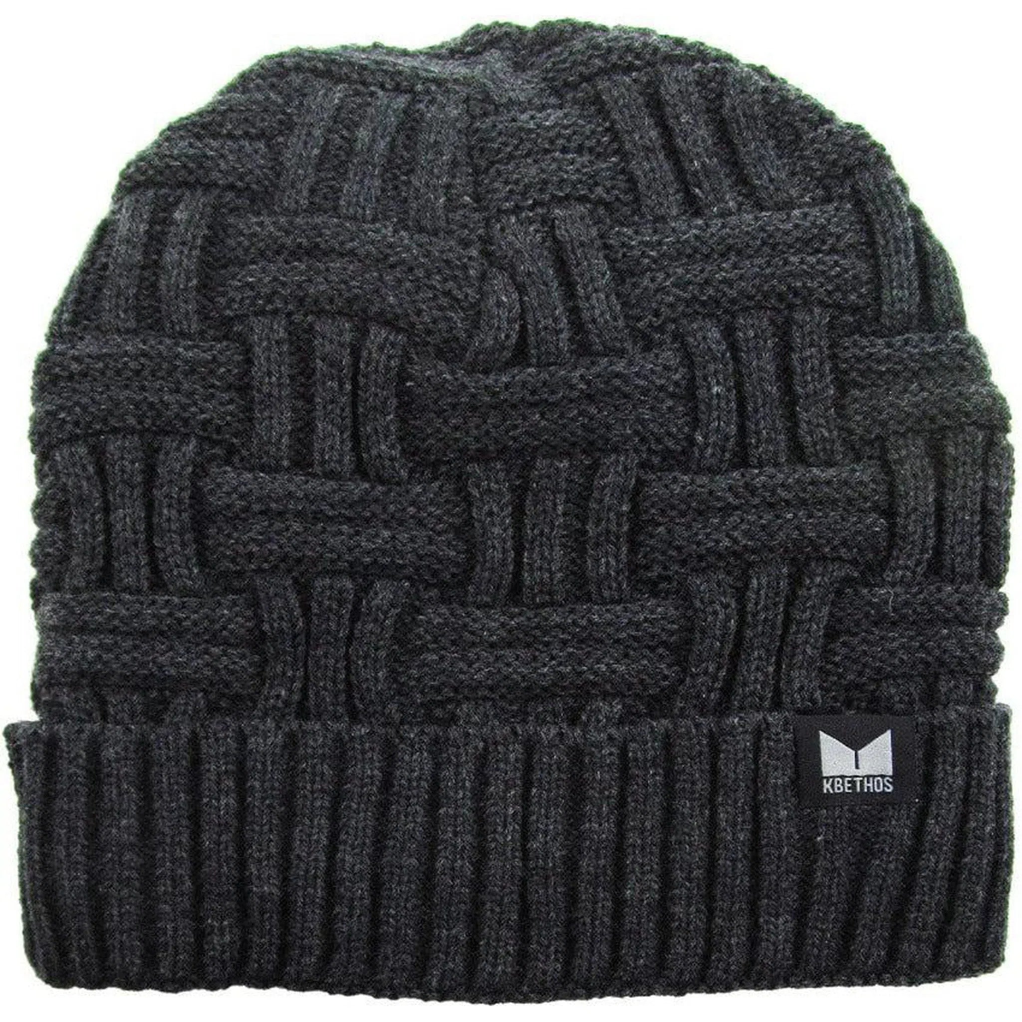 Cable Knit Basket Weave Sherpa Fleece Fur Lined Gray Winter Beanie Hat