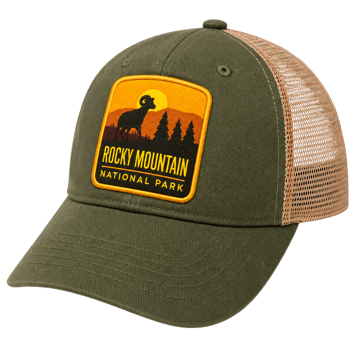 Rocky Mountain National Park Adjustable Trucker Hat Olive/Tan