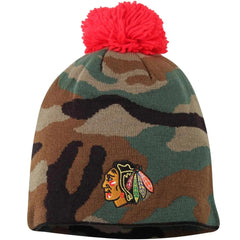 Chicago Blackhawks Reebok NHL Hockey Camo Cuffless Beanie Knit Hat with Pom Pom