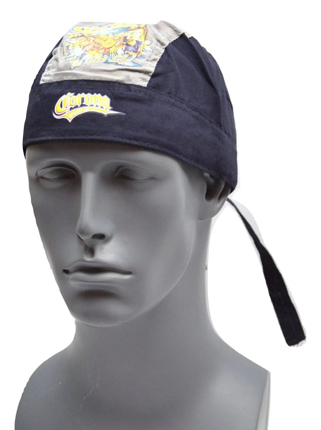 Corona Extra Cerveza Beer Blue & Gray Do - Rag Head wrap Skull Cap Front View