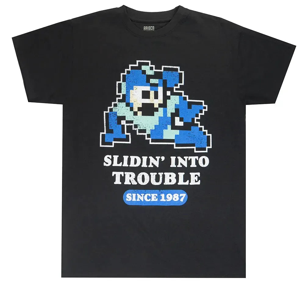 Mega Man Retro "Slidin' Into Trouble" Black Graphic Tee