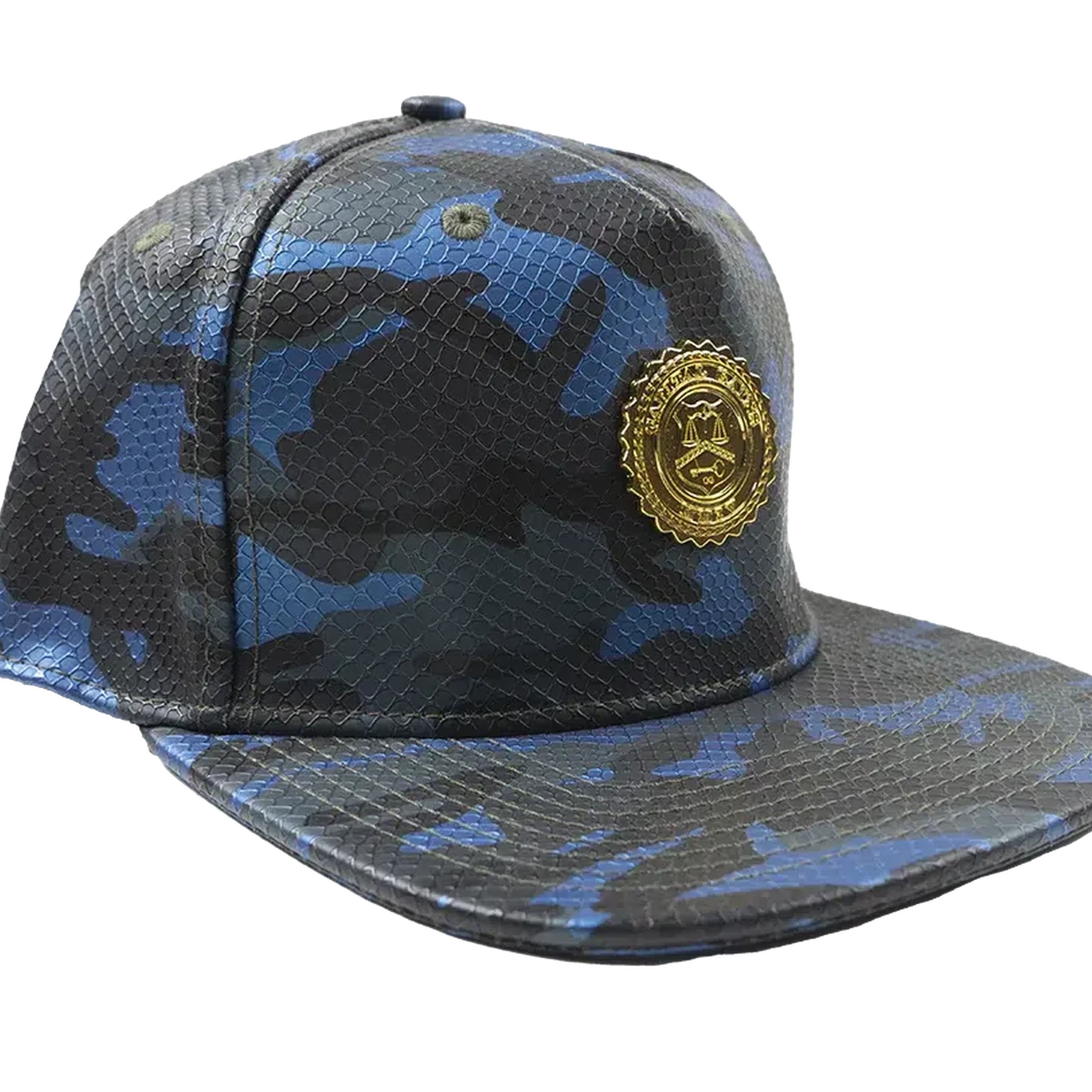 Capital Gains Men's Streetwear Snake Embossed Leather Blue Camo Hat Adjustable Strap Back Cap