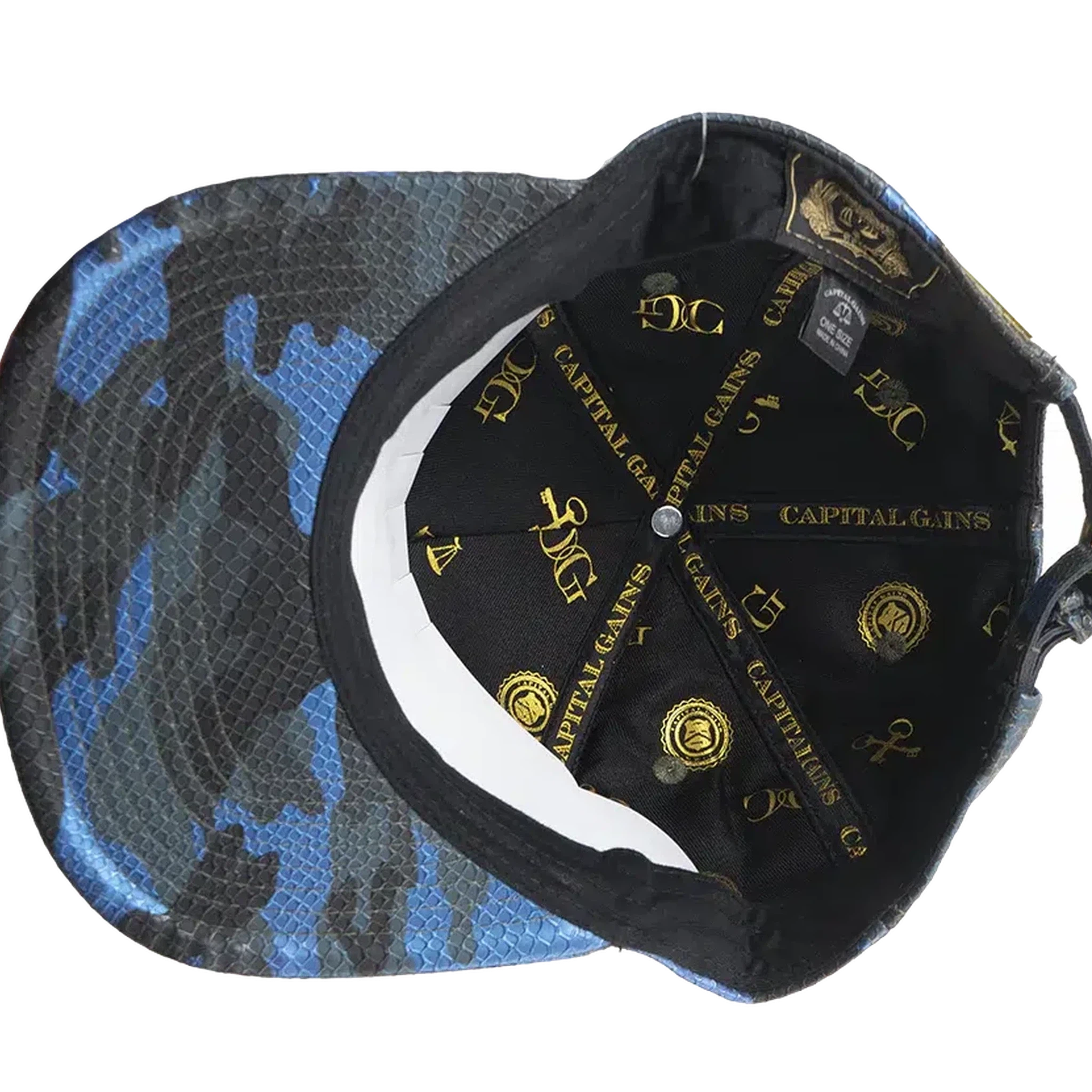 Capital Gains Men's Streetwear Snake Embossed Leather Blue Camo Hat Adjustable Strap Back Cap