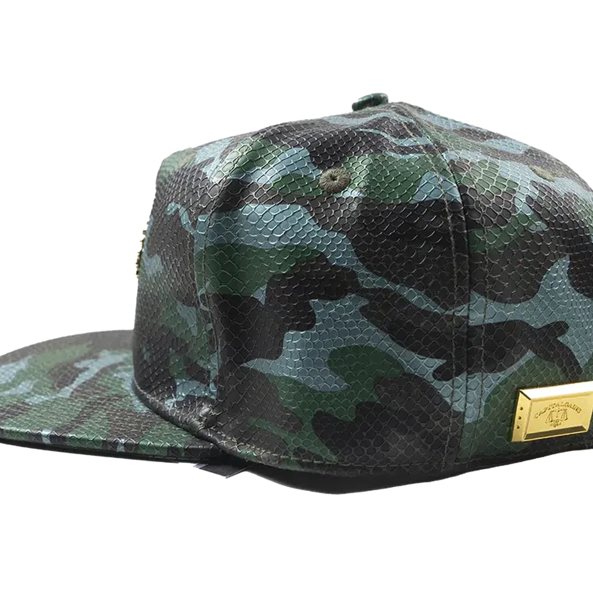 Capital Gains Men's Streetwear Snake Embossed Leather Green Camo Hat Adjustable Strap Back Cap