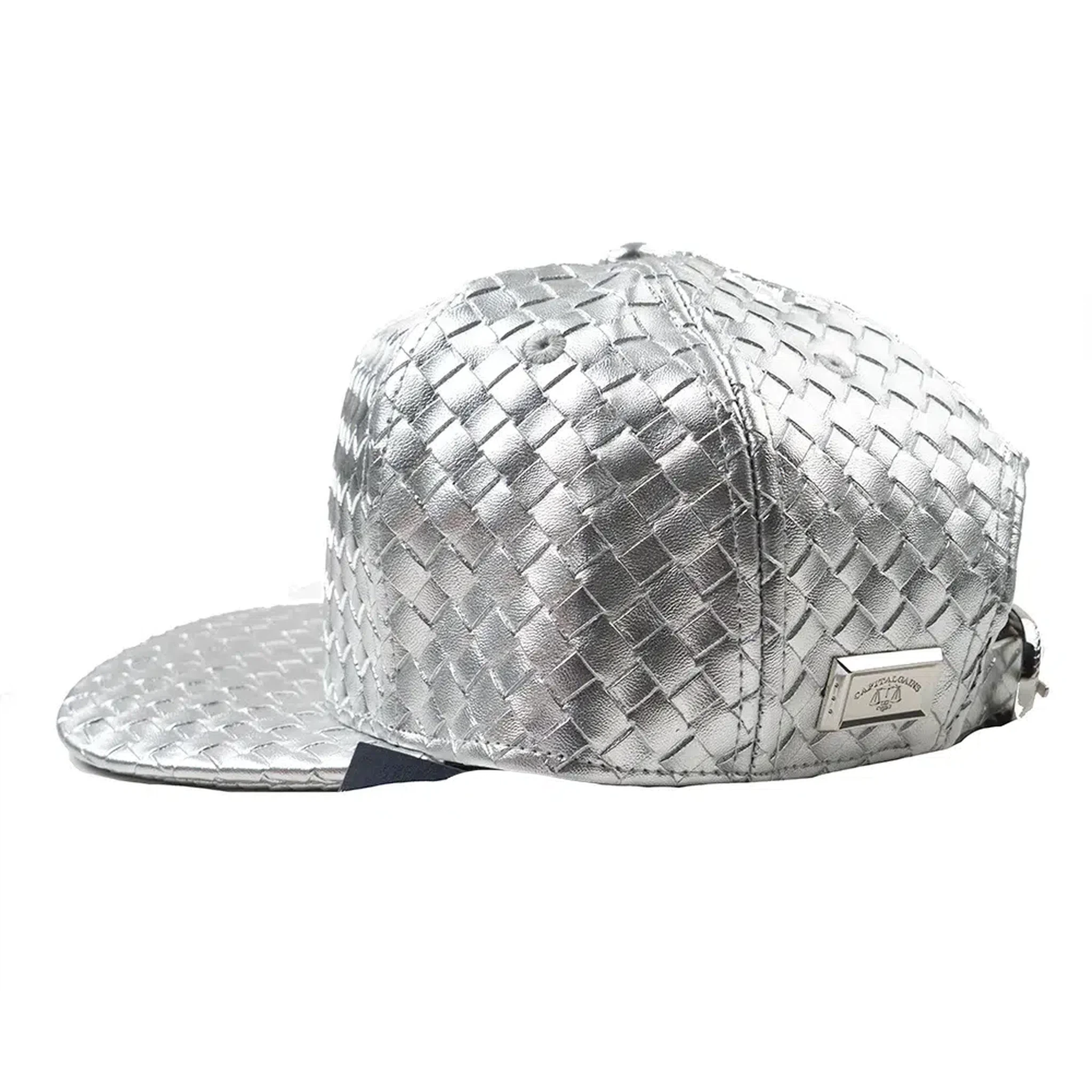 Capital Gains Men's Streetwear Weaved Leather Metallic Silver Hat Adjustable Strap Back Cap