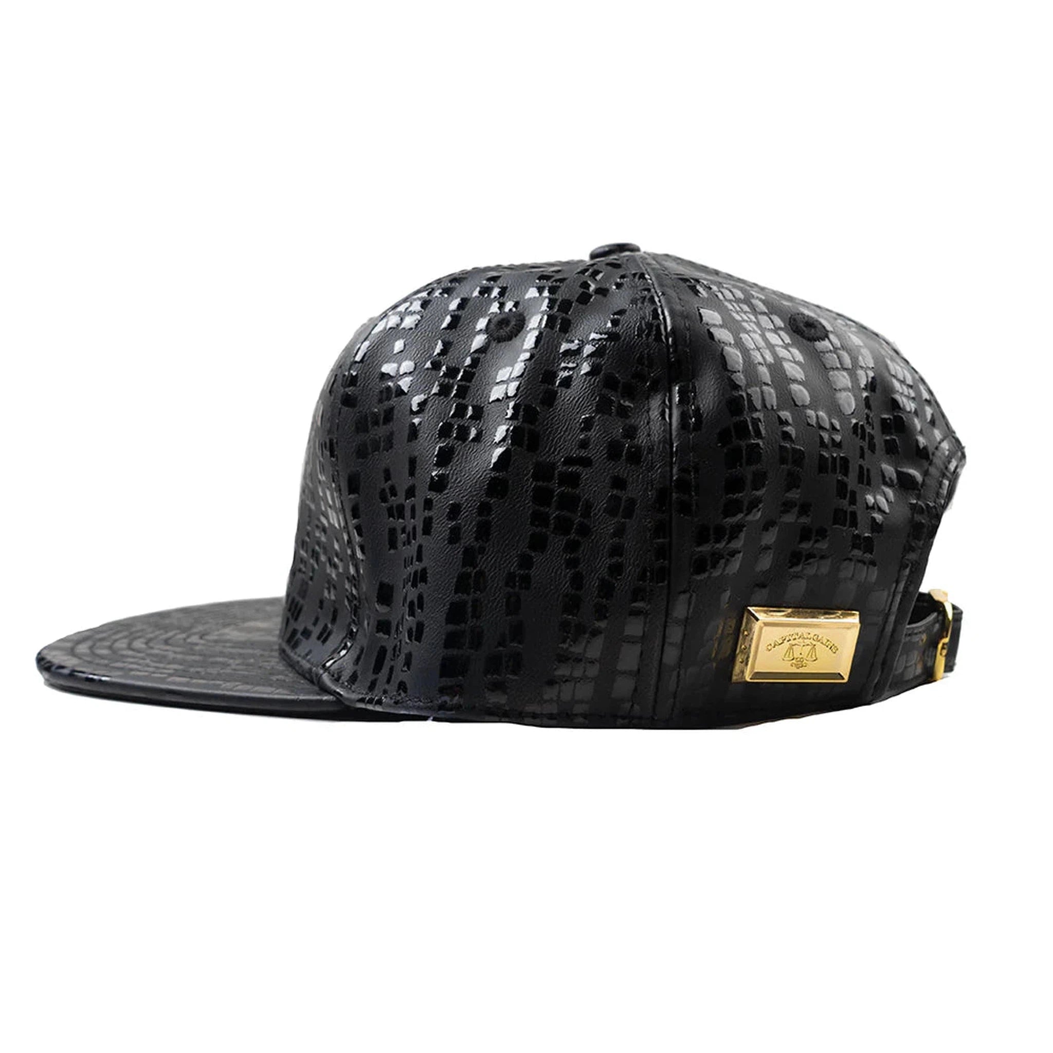 Capital Gains Men's Streetwear 3D Leather Black Hat Adjustable Strap Back Cap