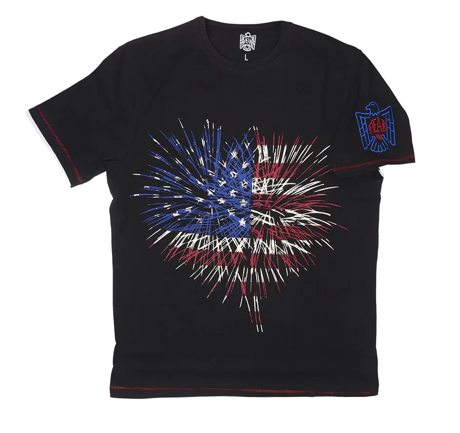 Fireworks Red, White and Blue Patriotic black t-shirt by Fear NY