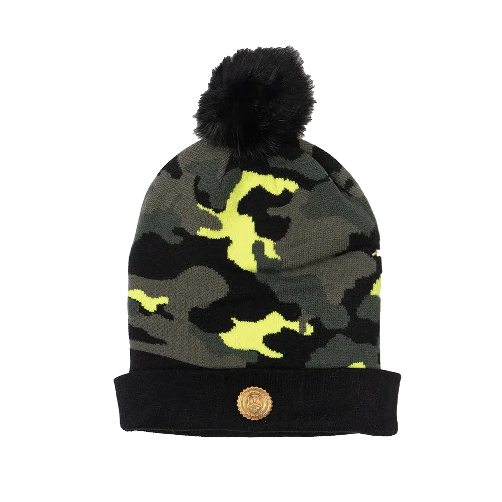 Capital Gains Streetwear Fuzzy Pom Neon Yellow Camo Beanie Knit Winter Hat