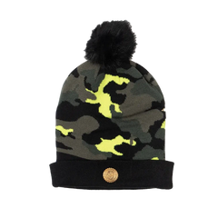 Capital Gains Streetwear Fuzzy Pom Neon Yellow Camo Beanie Knit Winter Hat