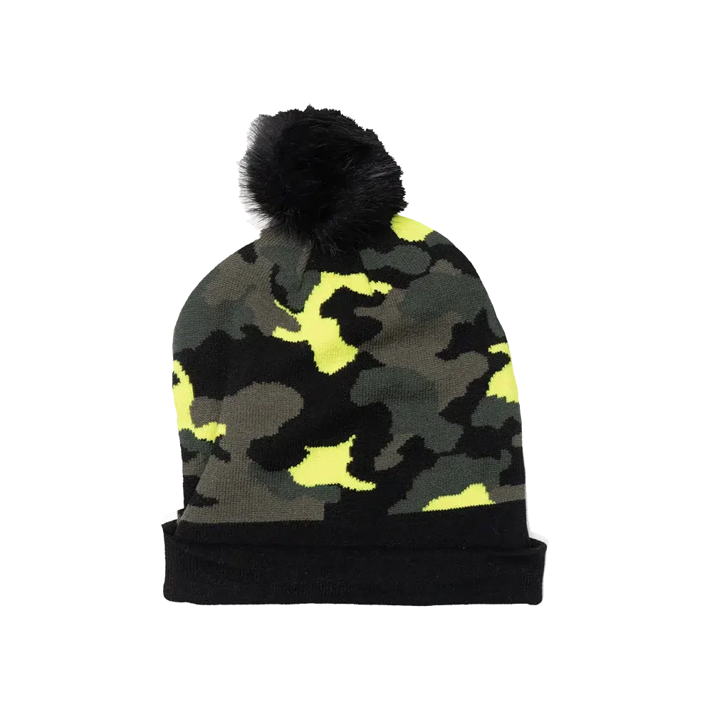 Capital Gains Streetwear Fuzzy Pom Neon Yellow Camo Beanie Knit Winter Hat