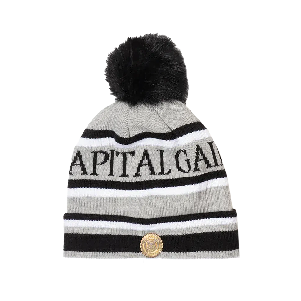 Capital Gains Streetwear Fuzzy Pom Gray & Black Striped Beanie Knit Winter Hat