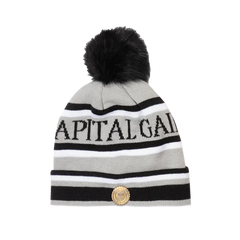 Capital Gains Streetwear Fuzzy Pom Gray & Black Striped Beanie Knit Winter Hat