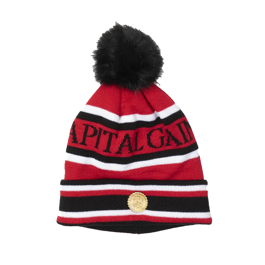 Capital Gains Streetwear Fuzzy Pom Red & Black Striped Beanie Knit Winter Hat