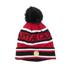 Capital Gains Streetwear Fuzzy Pom Red & Black Striped Beanie Knit Winter Hat