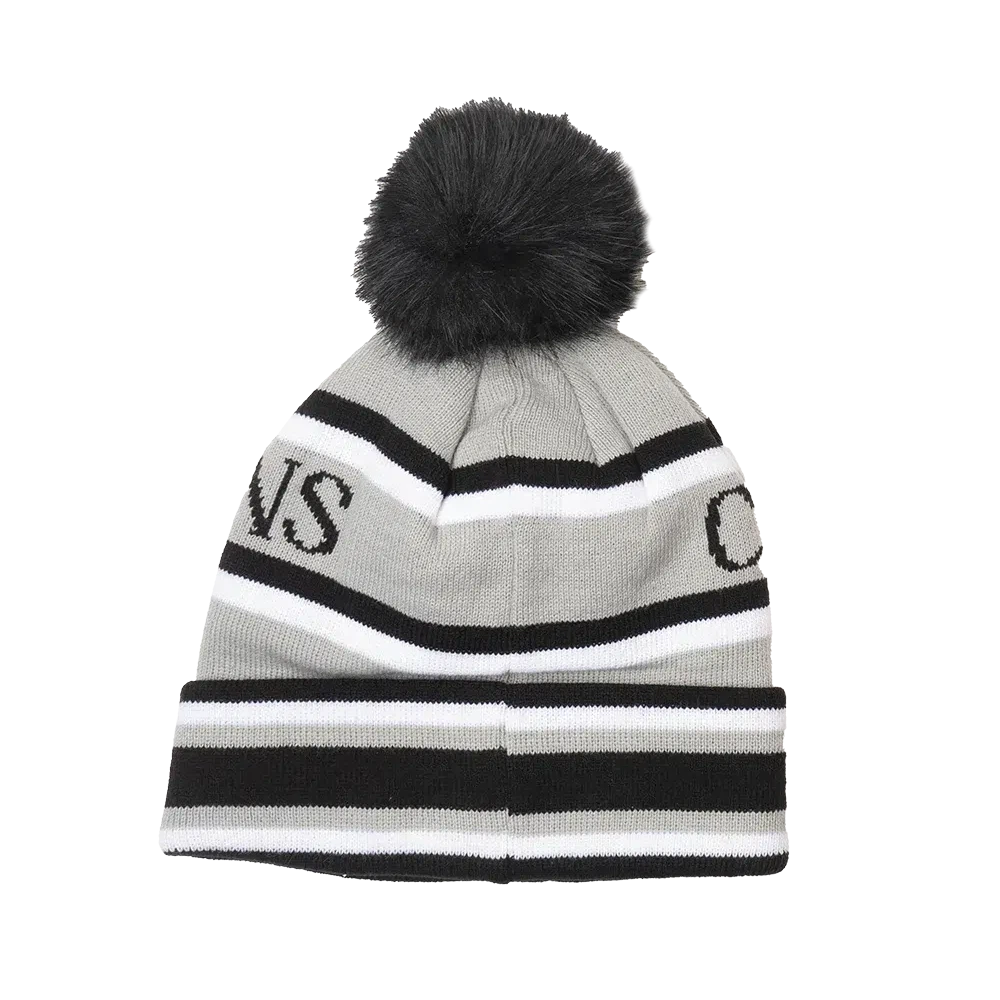 Capital Gains Streetwear Fuzzy Pom Gray & Black Striped Beanie Knit Winter Hat