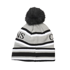 Capital Gains Streetwear Fuzzy Pom Gray & Black Striped Beanie Knit Winter Hat