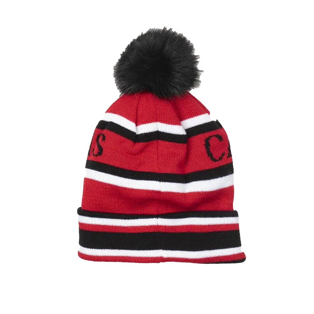 Capital Gains Streetwear Fuzzy Pom Red & Black Striped Beanie Knit Winter Hat