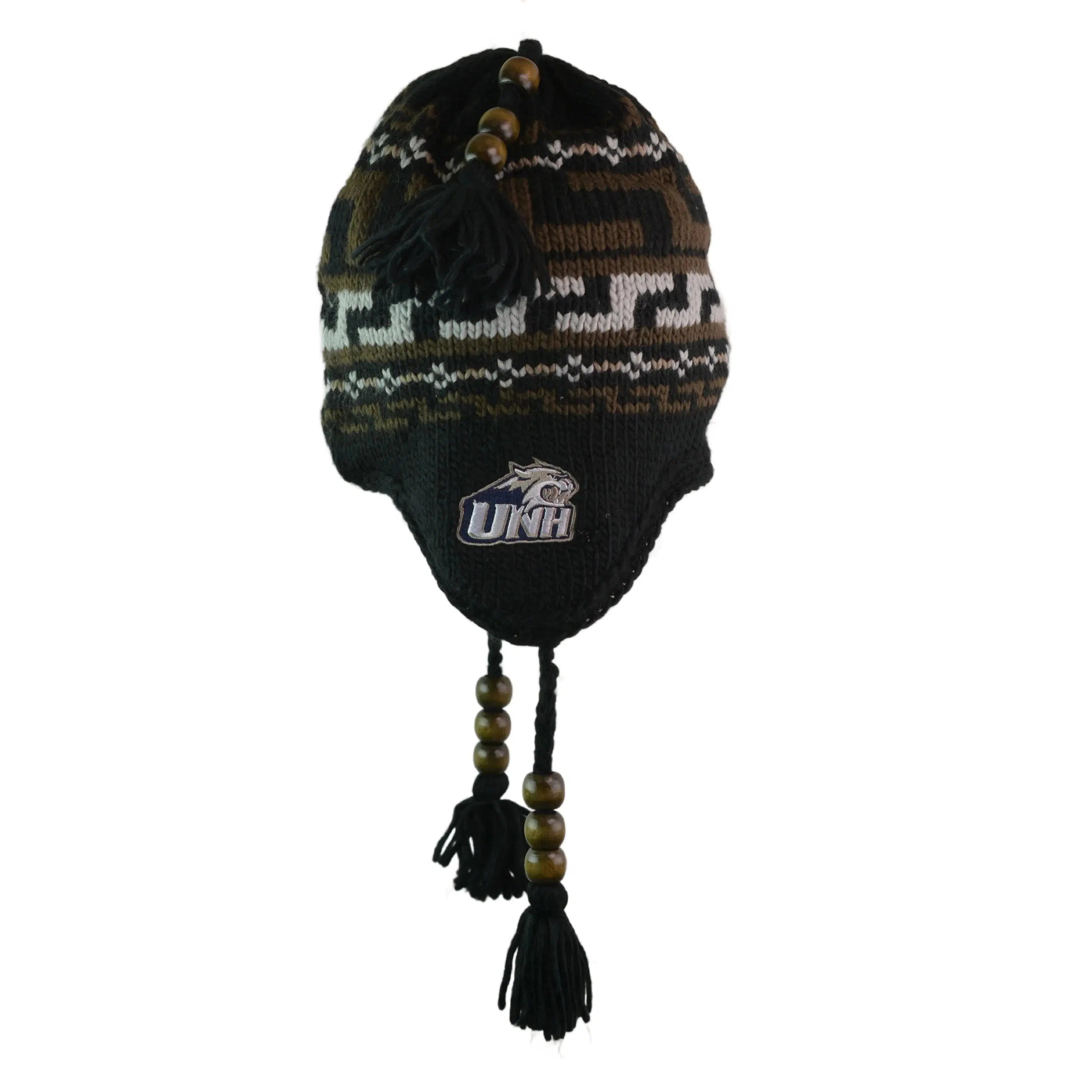 UNH New Hampshire Wildcats NCAA Knit Beanie Winter Hat with Wood Beaded Tassels