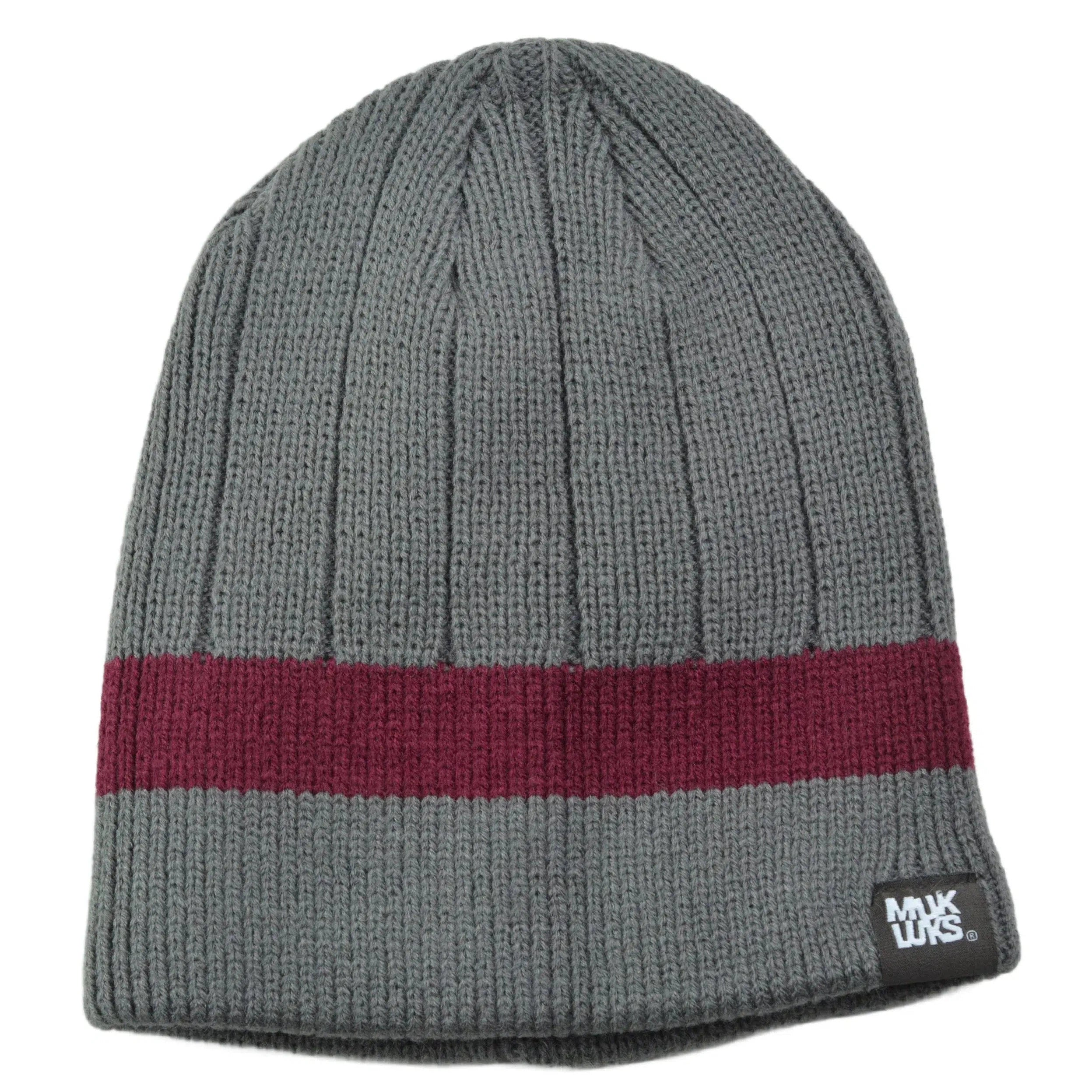 Gray & Burgundy Muk Luks Thick Ribbed Striped Knit Beanie Winter Hat