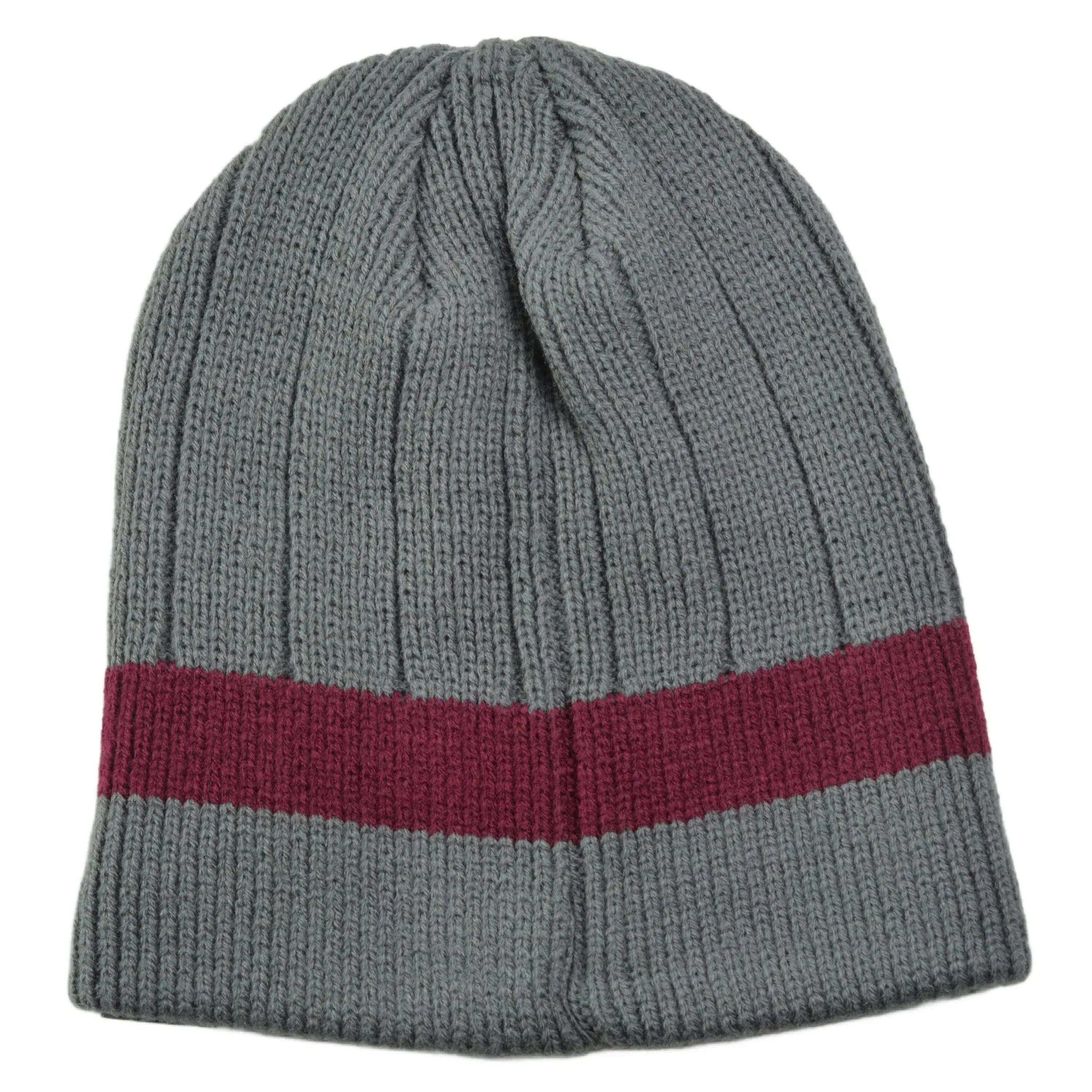 Gray & Burgundy Muk Luks Thick Ribbed Striped Knit Beanie Winter Hat