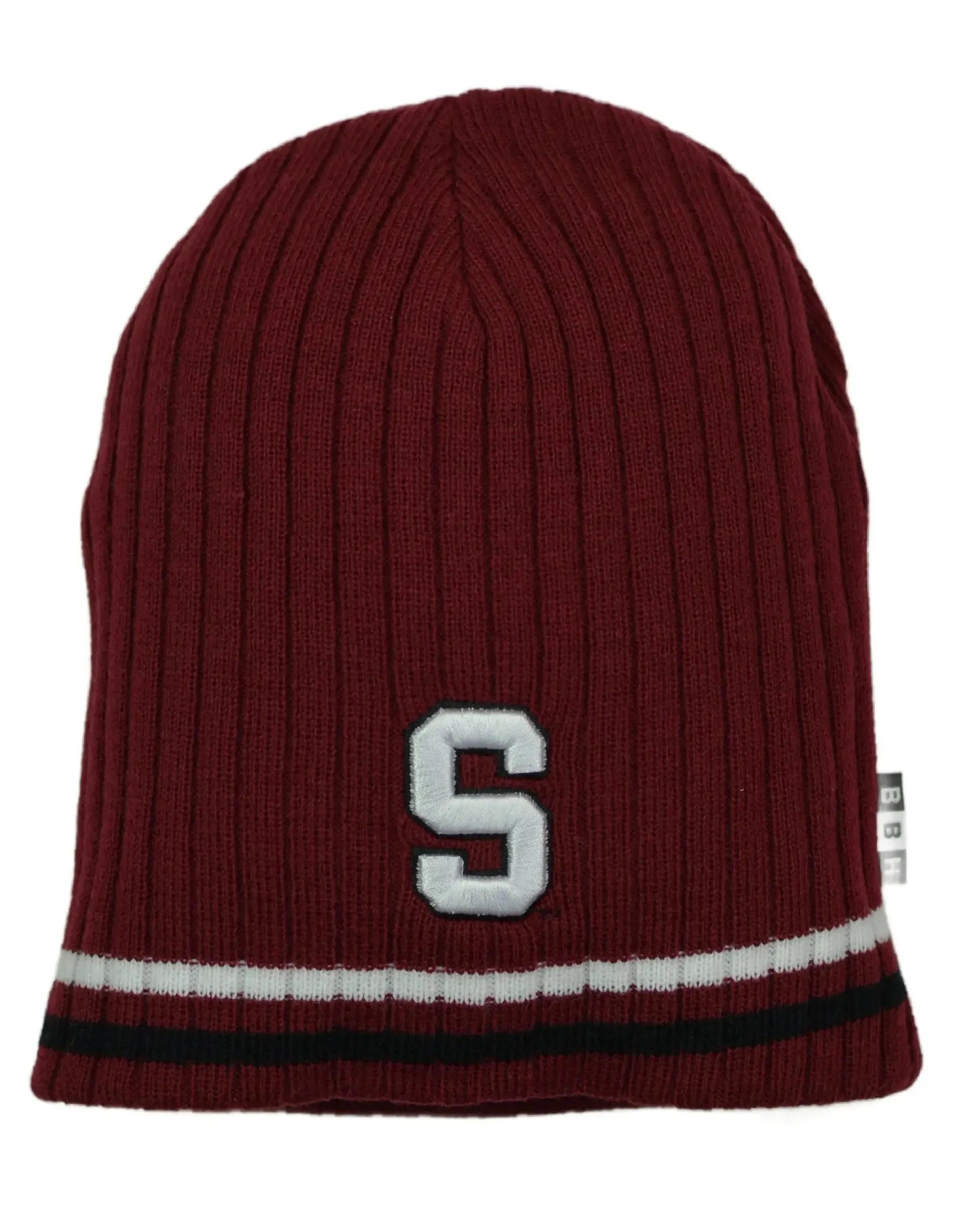 Maroon beanie with a white 'S' logo on a white background
