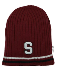 Maroon beanie with a white 'S' logo on a white background